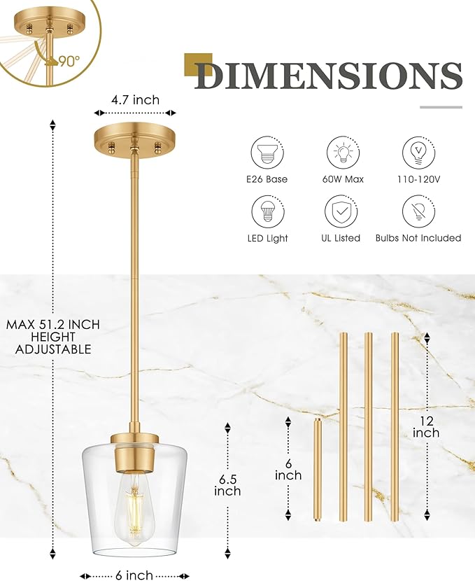 Gold Pendant Lights Kitchen Island, 6" Hanging Lights Fixtures with Clear Glass Shade, Modern Brass Kitchen Pendant Lighting Over Island for Dining Room, AD-22004-1P-GD-C