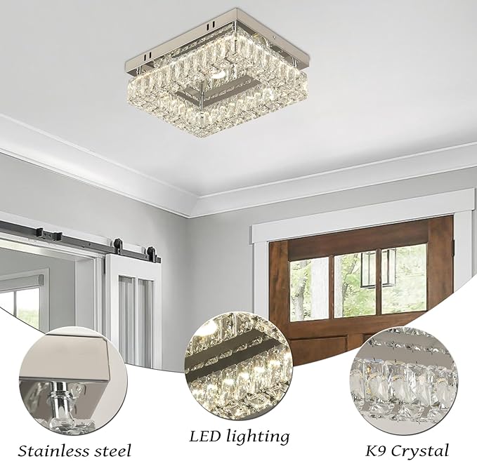 Finktonglan Modern Crystal Flush Mount Ceiling Light, 11.8" Rectangular Dimmable LED Ceiling Fixture with Multi-Faceted Crystal Prisms, 18W Low Profile for Bedroom Hallway Entryway