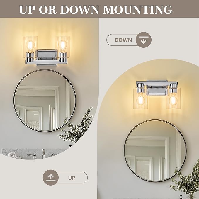2-Light Bathroom Light Fixtures Modern Chrome Vanity Lights with Clear Glass Shade Wall Sconces Over Mirror for Bathroom, Powder Room, Living Room