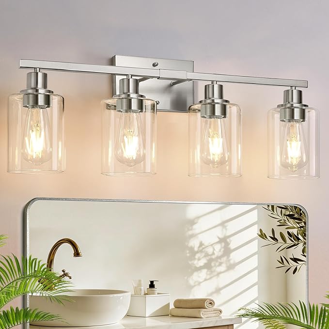 MOKATNG 4-Light Bathroom Light Fixtures, Vanity Light with Clear Glass Shades, Brushed Nickel Bathroom Light Fixtures Over Mirror, Modern Bathroom Wall Lamp for Mirror Living Room Cabinet Bedroom