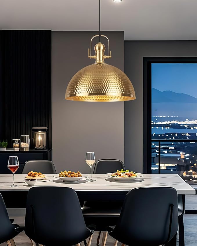 15.7 Inch Gold Pendant Light 2 Pack, Hammered Industrial Pendant Lights，Fixtures Adjustable Height Dome Pendant Light for Dining Room Bedroom Bar