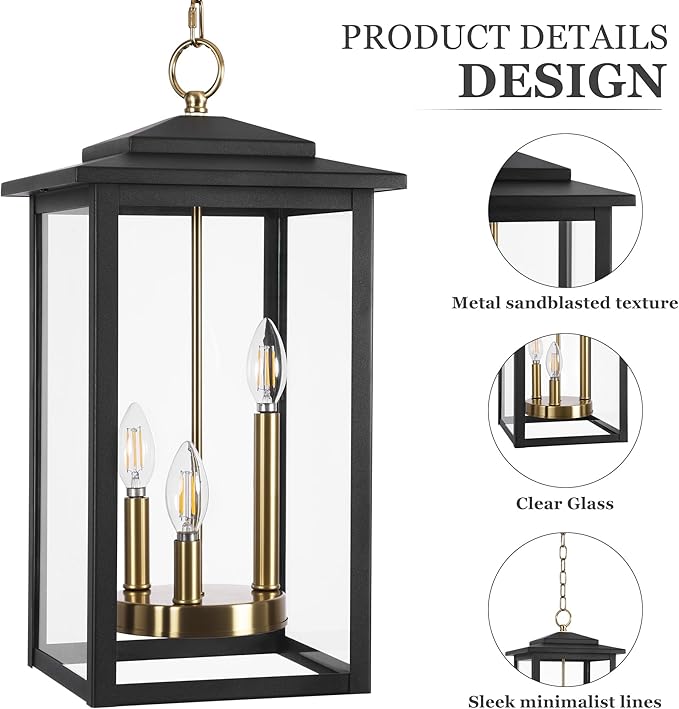 LamQee Large Outdoor Pendant Lights, 3-Lights Black and Gold Outdoor Chandelier Lighting Fixture, Modern Exterior Ceiling Hanging Lantern with Glass, for Porch Front Door Patio Gazebo Entryway Foyer