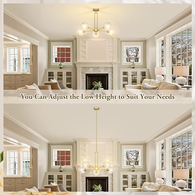 Globe Chandelier Pendant Lighting, Gold Modern Large Semi-Flush Ceiling Light Fixture with Clear Glass, 5-Light Sputnik Light Fixture Dining Room, for Kitchen Living Room Bedroom