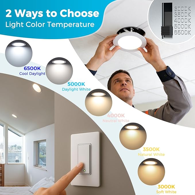 MAXvolador 6 Inch Ultra-Thin LED Recessed Ceiling Light with Junction Box 1200LM High Brightness 6-Pack, 5CCT 3000K/3500K/4000K/5000K/6500K Selectable, Dimmable Canless Wafer Downlight 12W 110W Eqv