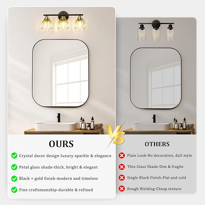 TALOYA Bathroom Vanity Light Fixtures, 3-Light Modern Black and Gold Wall Lights Over Mirror with Gradient Green Tulip Glass Shades Bathroom Wall Lamp for Mirror, Living Room,Hallway, Cabinet Porch