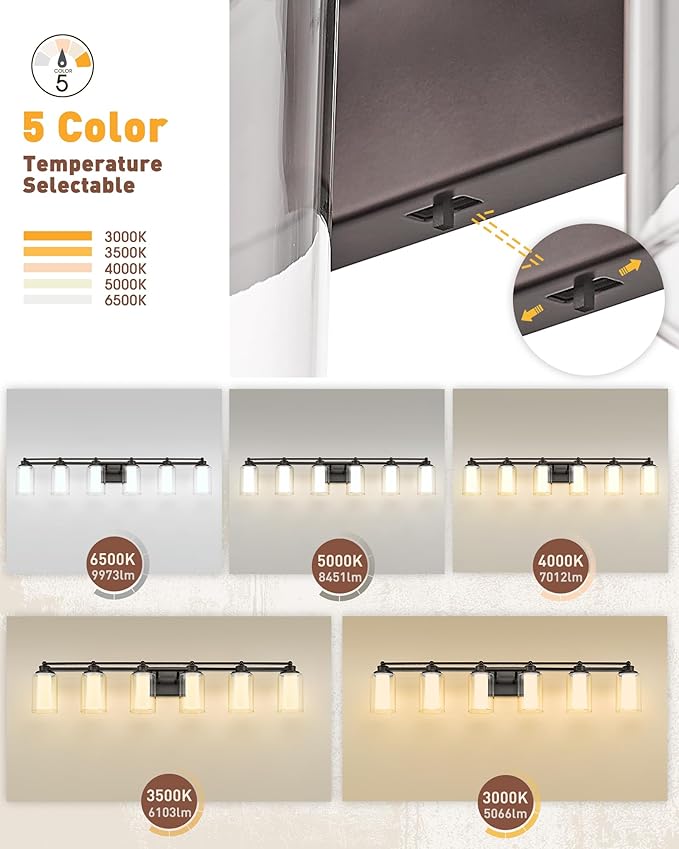 Bathroom Light Fixtures 6 Light, HWH Oil-Rubbed Bronze Vanity Light Over Mirror, 44 Inch Wall Lights with 36W 5CCT Dimmable LED, 5HLT63B-6W-LED ORB