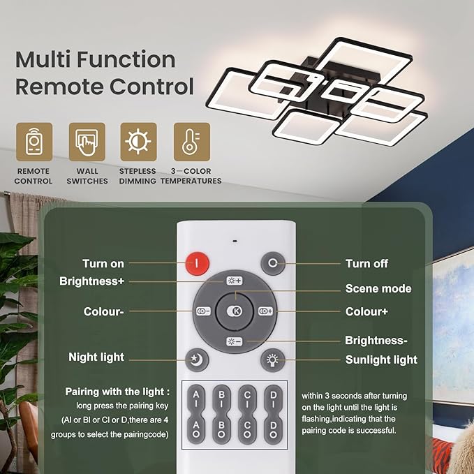 Modern LED Ceiling Light 35.04" Dimmable Black Flush Mount Ceiling Light with Remote 7 Rings 90W 3000K-6500K Ceiling Lamp for Living Room,Bedroom,Kitchen