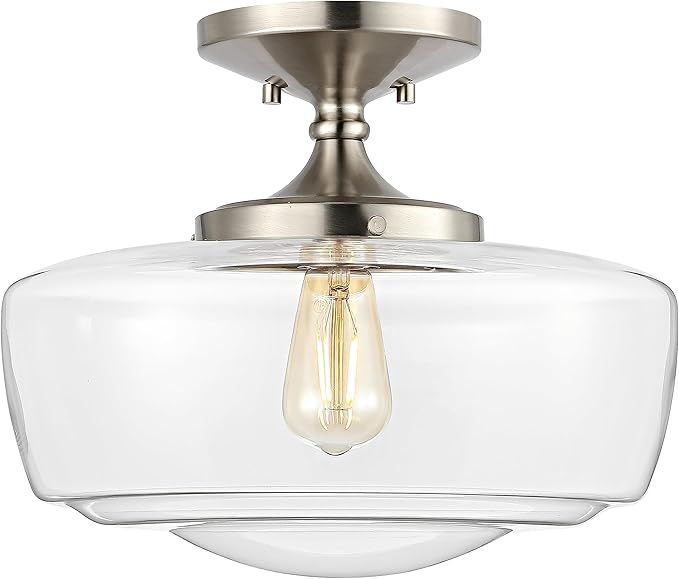 JONATHAN Y 14" Nickel Modern Farmhouse LED Flush Mount Light Fixture, Clear Glass Shade, Rustic Industrial Schoolhouse Lamp for Kitchen Hallway Bedroom (JYL7517D)