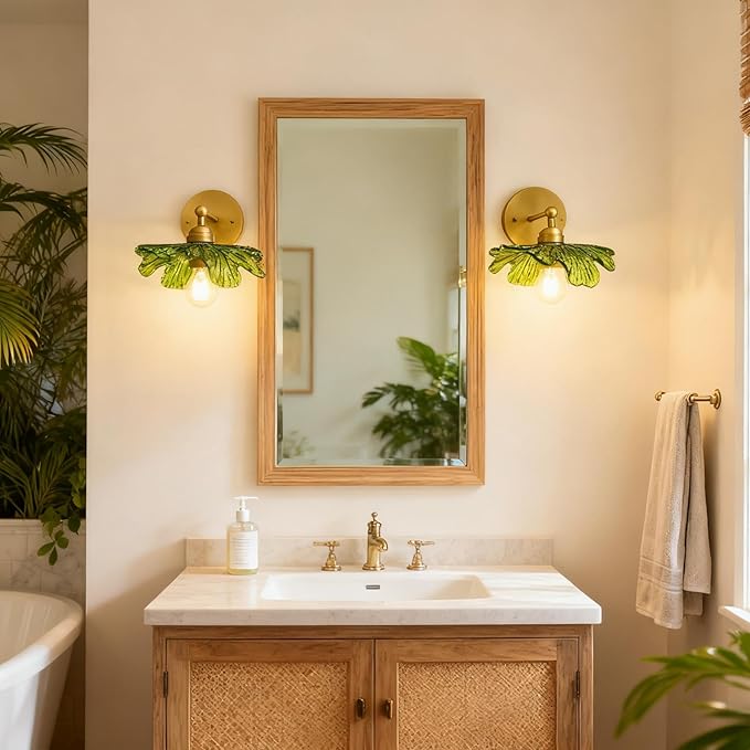 Pathson Vintage Wall Sconce Green Flower Glass, Hardwired Bathroom Sconce Boho Brass Wall Vanity Light for Living Room, Kitchen Sink, Bedroom, Farmhouse Lamp