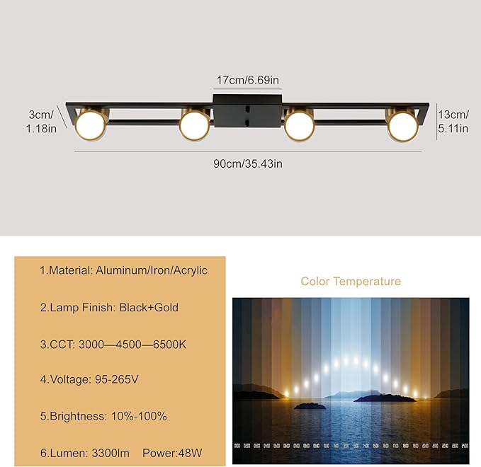 Garwarm Modern Ceiling Light Track Lighting Fixtures, 35.4 Inch Dimmable LED Kitchen Ceiling Light with Remote 4-Light Black LED Chandelier for Dining Room Bedroom