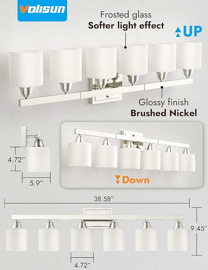 VOLISUN Brushed Nickel Bathroom Light Fixtures, 6-Light Bathroom Vanity Lights Over Mirror, Modern Vanity Light for Bathrooms, Bathrooms Lights Fixtures Over Mirror with Milky White Glass Shades