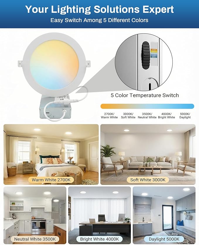 LEDYOND 6 Inch Recessed Lightings 12 Pack, 1200LM Ultra-Thin LED Wafer Downlights with Metal Frame, Iron Junction Box, 5CCT Selectable 2700-5000K, CRI90 Dimmable Canless Ceiling Light, Energy Star