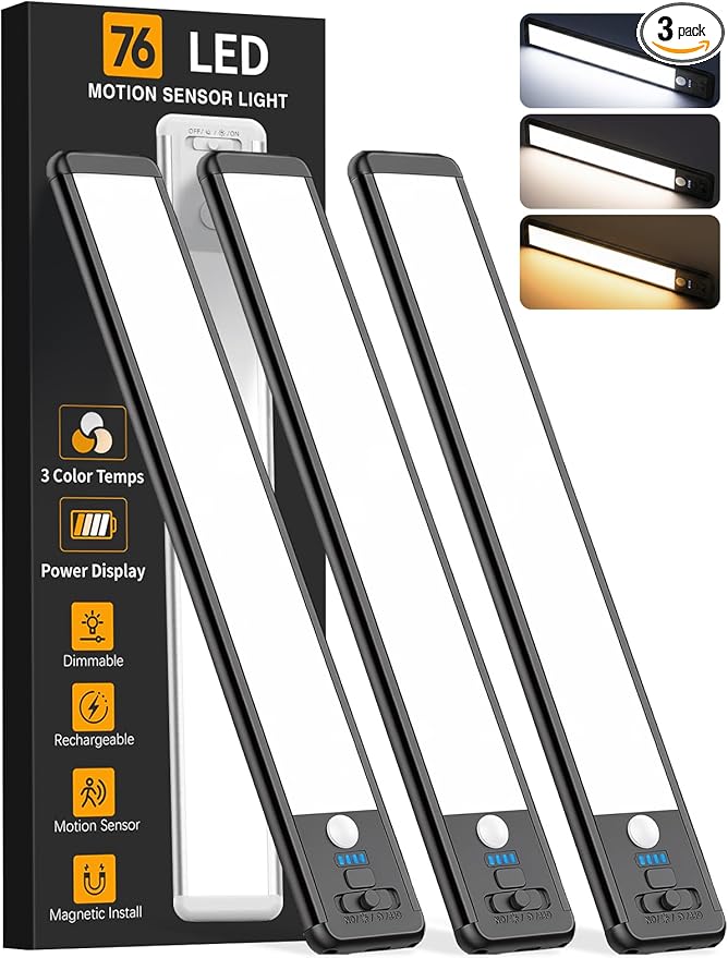 Under Cabinet Lighting Wireless, Rechargeable 10inch Motion Sensor Light Indoor, 3 Color Closet Light Battery Operated with LED Power Display, Magnetic Under Counter Lights for Kitchen (3Pack-Black)