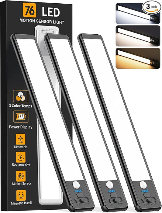 Under Cabinet Lighting Wireless, Rechargeable 10inch Motion Sensor Light Indoor, 3 Color Closet Light Battery Operated with LED Power Display, Magnetic Under Counter Lights for Kitchen (3Pack-Black)