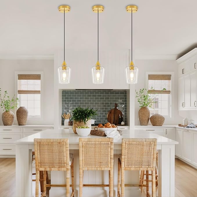 2-Pack Brushed Gold Pendant Lights Kitchen Island, Modern Glass Pendant Lighting Over Island Kitchen Hanging Light Fixtures Hallway Pendant Lights for Bathroom Dining Room Entryway Foyer Bedroom