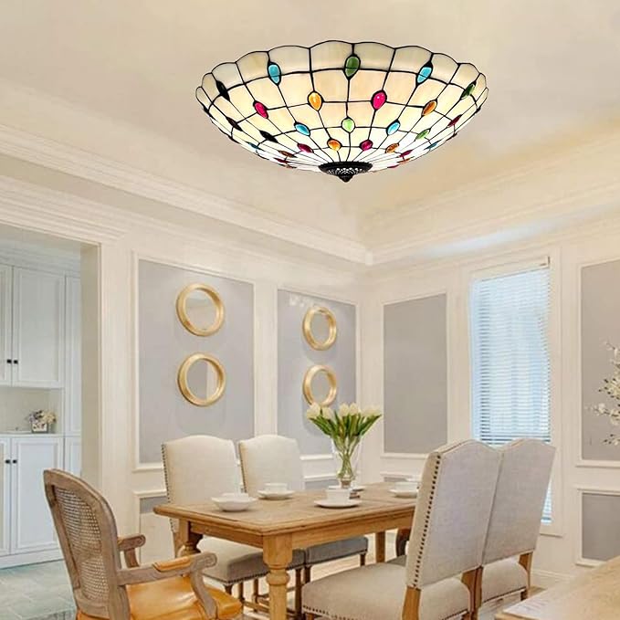 Tiffany Flush Mounts Ceiling Lights,Peacock Blue Crystal Beads Stained Glass Lampshade Ceiling Lamp for Kitchen Dining Room Livingroom Bedroom Ceiling Chandeliers Pendant Light,Multicolor,21in