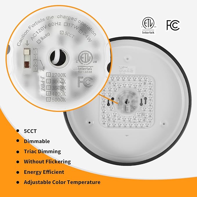 12 Inch Wood LED Flush Mount Ceiling Light Fixtures 5CCT 2700-5000K 24W Dimmable | Overhead Light | Round | Black | Ceiling Lamp | Bathroom | Bedroom | Kitchen | Hallway | Laundry Room