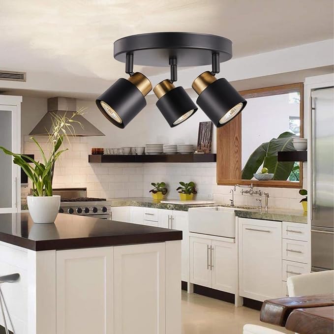 3 Light Track Lighting Kit, Matt Black Brass Finish Canopy with Moden Flush Mount Ceiling Spotlight for Kitchen,Dining,Living Room,Home Improvement