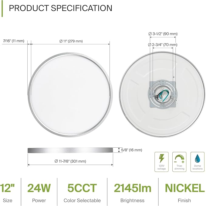 ASD LED 12" Round Flush Mount Ceiling Light Fixture, Low Profile Surface Lighting | 5CCT, Dimmable, Ultra-Thin, ETL Listed | 24W 1900LM 2700-6000K 120V | Kitchen, Hallway Lamp | Nickel, 4 Pack