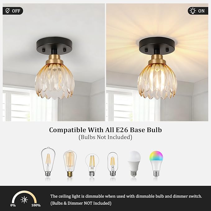 TALOYA Semi Flush Mount Ceiling Light,4 Pack Close to Ceiling Light Fixtures with Amber Tulip Glass Shades Modern Farmhouse Lighting Fixtures for Hallway Corridor Kitchen Bathroom Bedroom Passway