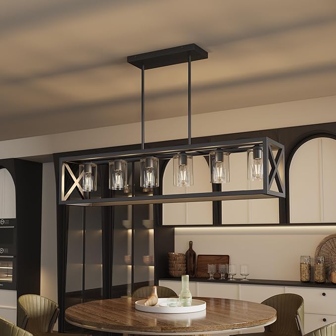 Espird Farmhouse Dining Room Light Fixture - 6 Light Kitchen Island Lighting with Adjustable Height & Thickened Metal Dining Room Light Fixture Over Table，Chandeliers for Dining Room&Kitchen Island