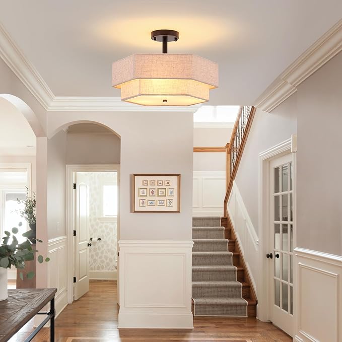 SGLfarmty 17.7" Drum Flush Mount Ceiling Light, 3-Light Large Drum Black Cream Ceiling Light with 2-Tier Hexagon Fabric Linen, Farmhouse Chandelier for Bedroom