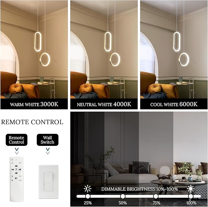 Gold Modern Mini LED Pendant Light with Remote Control, 2 Ring 24W 3-Color Temp Stepless Dimmable Ceiling Hanging Light for Bedroom Kitchen Island Dining Room Foyer Entryway