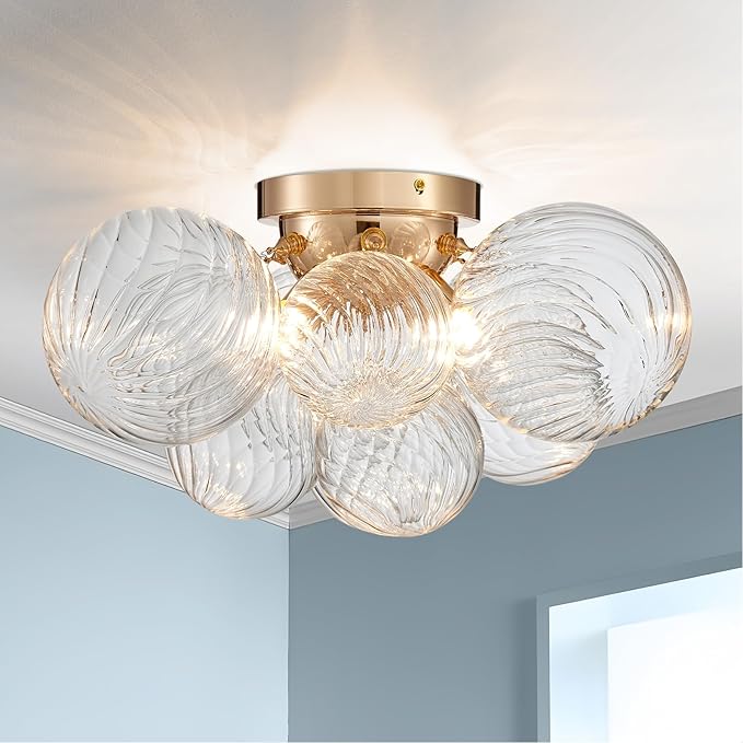 Shrine Lighting Gold Bubble Glass Ceiling Light, Flush Mount Ceiling Light for Living Room, D18'' x H9'', G9*4 Sockets, Globe Glass Shade & Gold Finish Frame