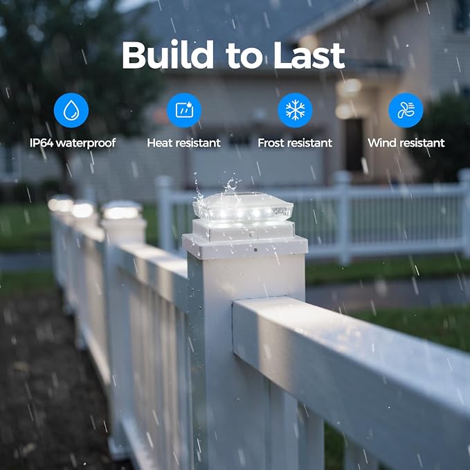 Solar Post Cap Lights, 6500K Cool White IP65 Waterproof Solar Powered Fence Light for 4x4 Wood Post & 5x5 Vinyl Fence, Deck Patio Garden Yard Outdoor Landscape Lighting, ABS Material