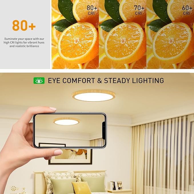 Light Fixtures Ceiling Mount: 12 Inch 24W Wood Grain LED Ceiling Light 3000K-4000K-6000K Selectable Flat Low Profile Round Ceiling Lights for Bedroom Laundry Closet Hallway Office