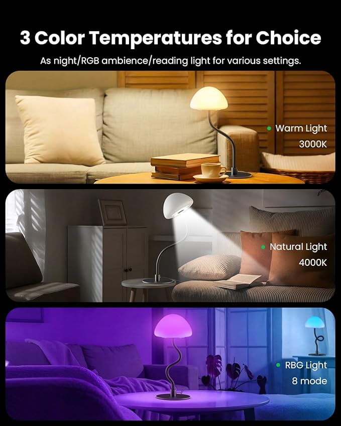 RGB Bedside Table Lamp with 3 Color Temperatures, Stepless Dimmable Desk Lamp 5%-100%, Flexible Gooseneck LED Night Light, 4 Power Supply Options for Bedroom Living Room Office Gift