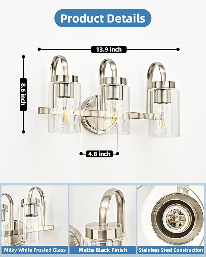 3 Light Bathroom Vanity Light, Brushed Nickel Vanity Lights for Bathroom, Modern Light Fixtures Over Mirror with Clear Glass Shade, Wall Sconce Lighting for Bedroom Living Room Hallway