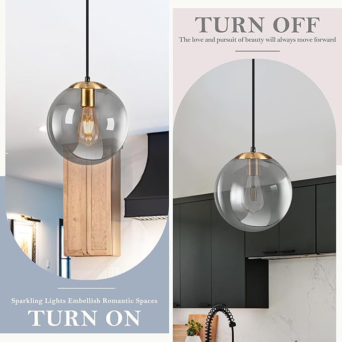 KoKo&Yukina 10 Inch Pendant Light Glod Globe Pendant Lights Kitchen Island Mid Century Light Fixture Adjustable Globe Pendants Lights with Grey Glass Shade for Dining Room Living Room