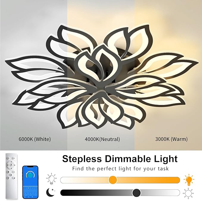 Modern Ceiling Light with APP & Remote Control, Dimmable LED Flush Mount Chandelier with 3-Color, Black Acrylic Flower Ceiling Light Fixture for Living Room Dining Room Bedroom Kitchen-12-Leaves