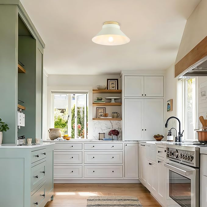 2 Pack Modern Flush Mount Ceiling Light, 11.8'' Cream White Metal Ceiling Light Fixtures with Natural Wood Accent, Farmhouse Semi Flush Mount Light Fixtures for Kitchen, Hallway, Entryway, Bedrooms