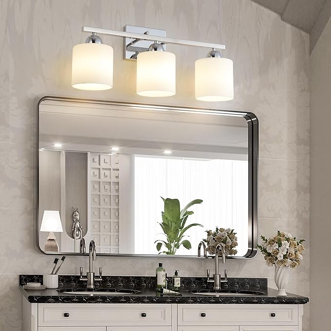 Mecgirn Stainless Steel Milk Glass Vanity Lights for Bathroom, 3 Light Chrome Bathroom Light Fixtures Over Mirror, Ceramic E26 Sockets Wall Mounted