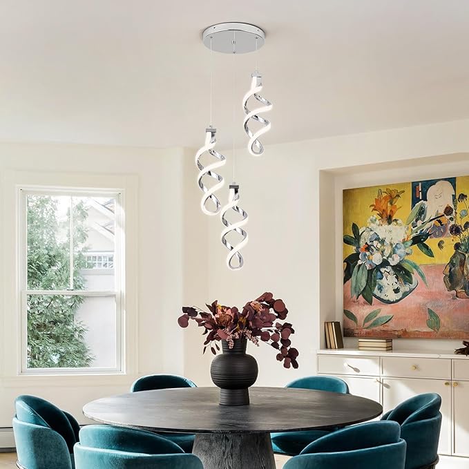 Modern Led Pendant Light Fixture, 45W Chrome Spiral Led Chandelier Hanging Lamp, 4500K Daylight White Pendant Lamp, Adjustable Height Pendant Light for Dining Room Bedroom Kitchen Island (3 Light)
