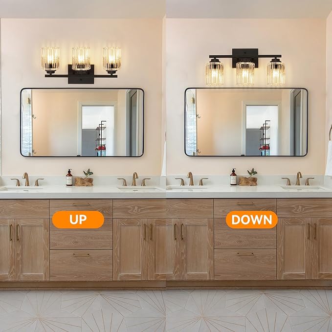 TALOYA 19 Inch Bathroom Light Fixtures,Modern 3-Light Brushed Black Vanity Lights with Wide Vertical Ribbed Thickened Glass Shade Wall Sconces for Mirror Makeup Room Hallway（Bulbs Not Included）