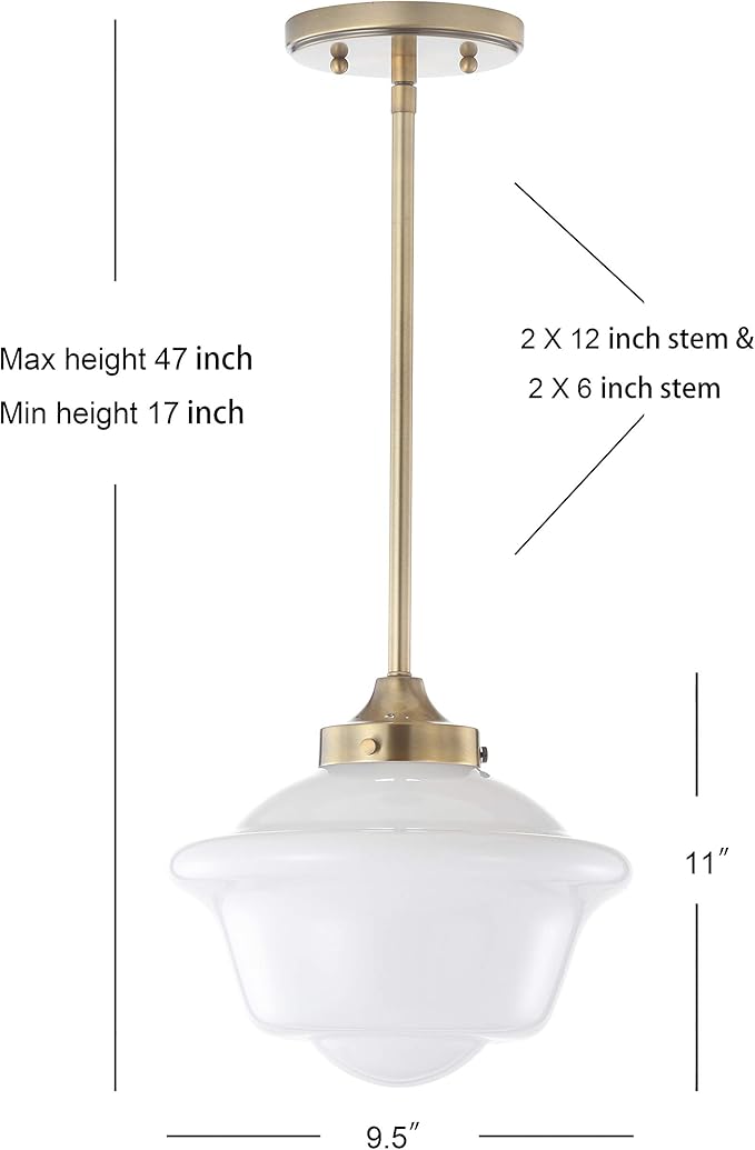 JONATHAN Y 9.5" Brass Gold/White Modern Schoolhouse LED Pendant Light Fixture, Adjustable Drop Metal Hanging Lamp with White Glass Shade for Kitchen Island, Dining Room, Foyer (JYL3517A)
