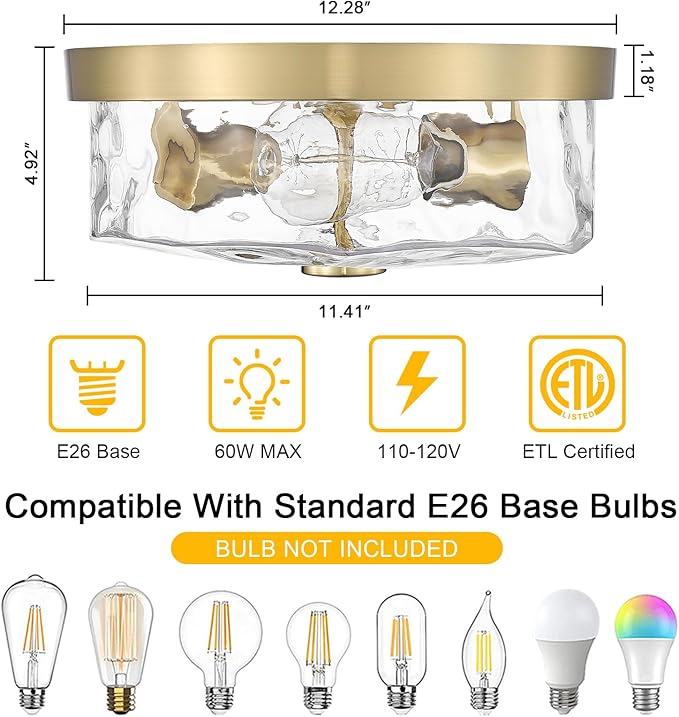 Flush Mount Ceiling Light with Water Ripple Glass Shade, Modern 2-Light Ceiling-Mount Light Fixtures for Bedroom Living Room Gold Metal Farmhous Ceiling Lamp for Lighting and Decoration