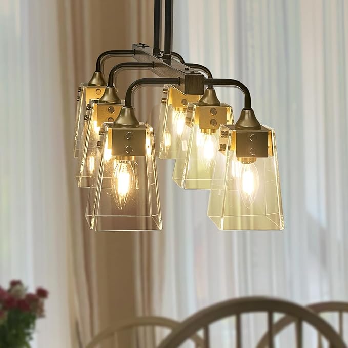 30-inch Farmhouse Chandelier, 6-Light Pendant Light Fixture with Clear Glass Shade & E12 Base, Adjustable Hanging Ceiling Light for Dining Room Kitchen Island Living Room Bar