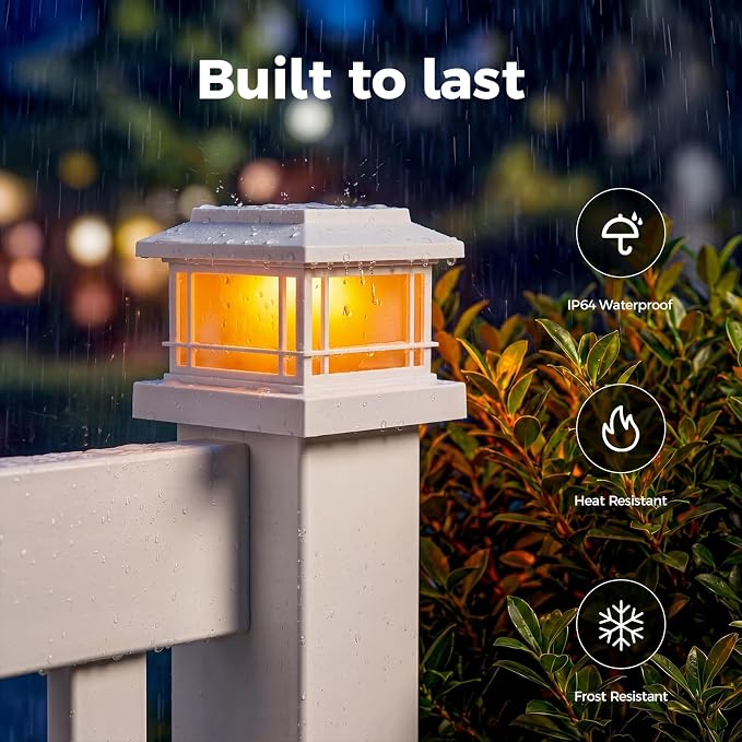 JOFIOS Flickering Flame Solar Post Cap Lights Outdoor, White Post Lights with 3 Color Temperature, Fits 3.5" 4" 4.5" 5" Wood/Vinyl Posts, IP64 Waterproof Fence Deck Lights for Garden Patio Yard 4 Pack