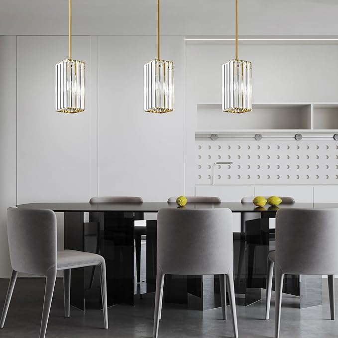 Modern Pendant Light Gold Rectangle Pendant Lighting Mini Crystal Chandeliers Adjustable Pendant Light Fixture for Kitchen Island Dinning Room Living Room Corridor Bedroom(Gold 3-Pack)