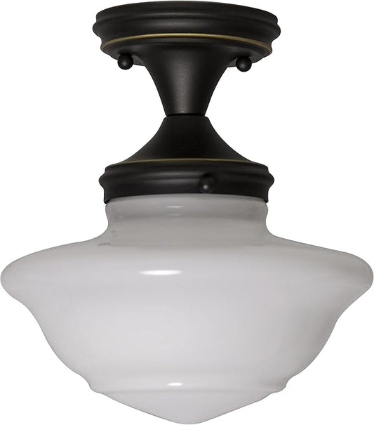 Design House Vintage-Inspired Schoolhouse Semi-Flush Mount Ceiling Light, 9 in x 9 in x 10 in, Oil-Rubbed Bronze, White Glass Shade, 507502