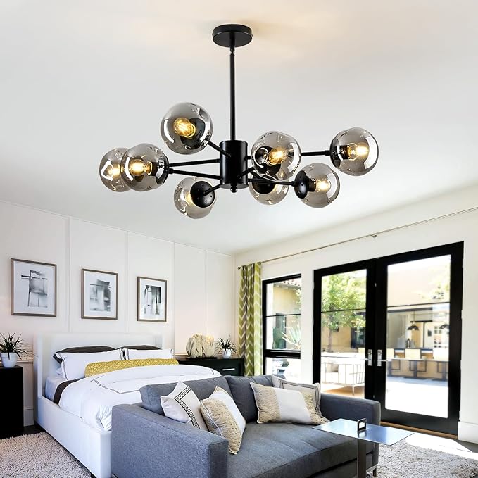SZXYKEJI 8-Light Sputnik Chandelier Black Mid Century Glass Globe Ceiling Light Fixture Modern Bubble Chandelier for Dining Room Living Room Kitchen Bedroom Farmhouse.
