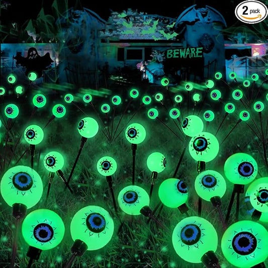Solar Halloween Decorations Outdoor 2 Pack 12 LED Green Solar Eyeball Light | Newly 3-Tier Design, 2 Lighting Modes, Auto ON/OFF, IP65 Waterproof, Garden Lights for Walkway Yard Lawn Horror Party Decor