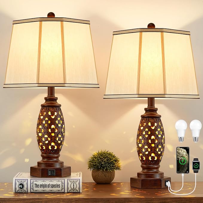 EJIAXIN Bedside Lamps Set of 2-23.5" Vintage Table Lamp with USB A+C and Nightlight - Brown Carved Resin Farmhouse Desk Lamp for Bedrooms, End Tables, Living Room, Bulbs Included