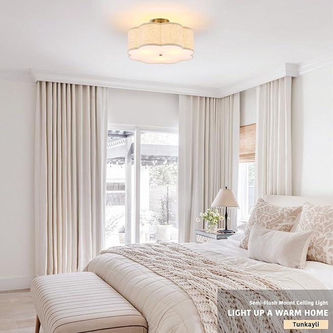 18" Semi Flush Mount Ceiling Light Modern 3-Lights Gold Drum Ceiling Light Fixture with Fabric Linen Shade, Vintage Ceiling Lighting for Living Room, Kitchen, Basement, Laundry Room, Bedroom