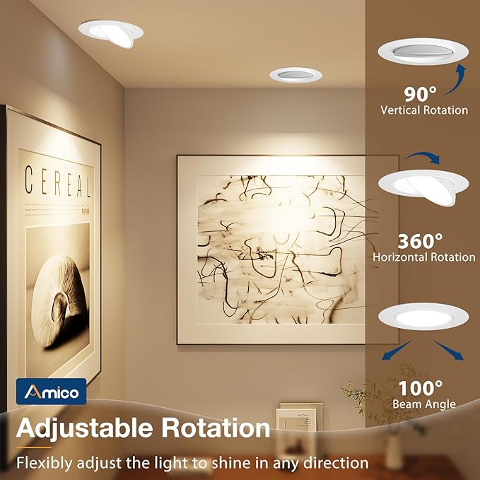 Amico 6 Pack 6 Inch 5CCT Gimbal LED Recessed Lighting, 360°&90° Adjustable Eyeball Directional Downlight, Dimmable, 2700K/3000K/3500K/4000K/5000K Selectable, CRI90+ 12W 1200LM, ETL&FCC
