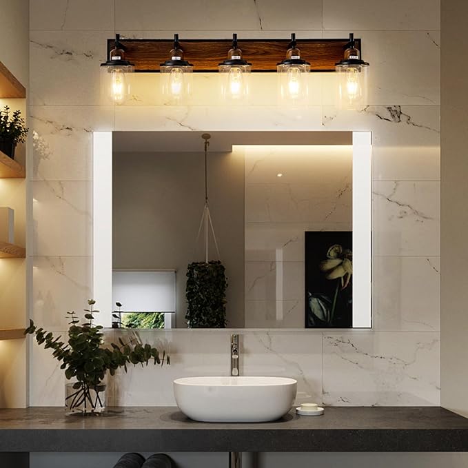 Lanhall 4-Light Farmhouse Bathroom Light Fixtures Vintage Bathroom Vanity Lights Over Mirror Black and Wood Painted Metal Vanity Light for Bathroom with Glass Shades E26 Socket